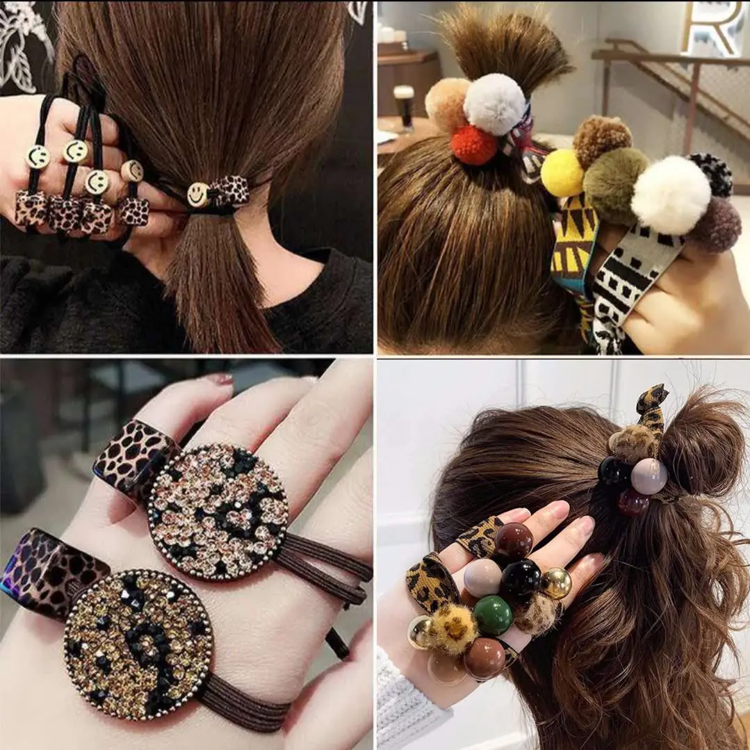 

Korean Simple Head Leopard Imitation Pearl Zircon Scrunchie Floral Grip Loop Holder Hair Band Leopard Women Hair Accessories