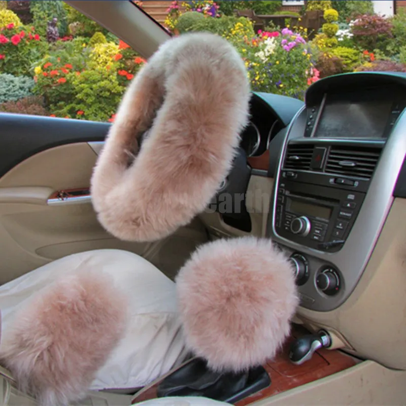 1Set Long Furry Steering Wheel Cover Shifter Cover and Parking Brake Cover Black