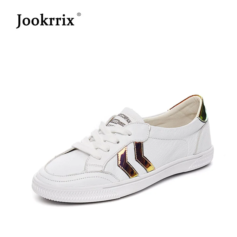 

Jookrrix 2018 Real Leather White Shoes Women Brand Sneakers Lady chaussure Breathable Female footware Shallow Girl Flats Soft