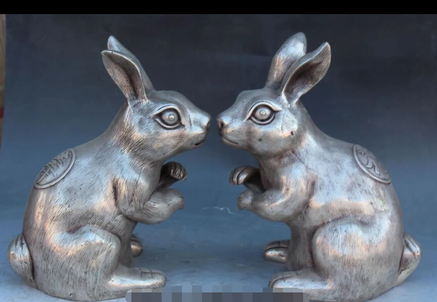 10" Chinese Silver Feng shui Folk Animal Zodiac Year Rabbit Rabbits