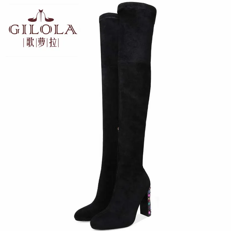 

High Heels Over The Knee High Boots Motorcycle Rhinestone Heels Winter Long Women Boots Platform Women Shoes Warm #Y0115960Q