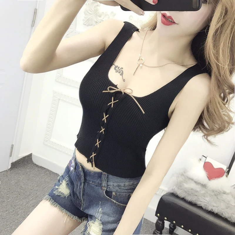 

Summer Vest Women 2017 Korean Fashion Short Slim Knit Tank Tops with Strap Elasticity Sexy Crop Top Camisole Cami Bustier