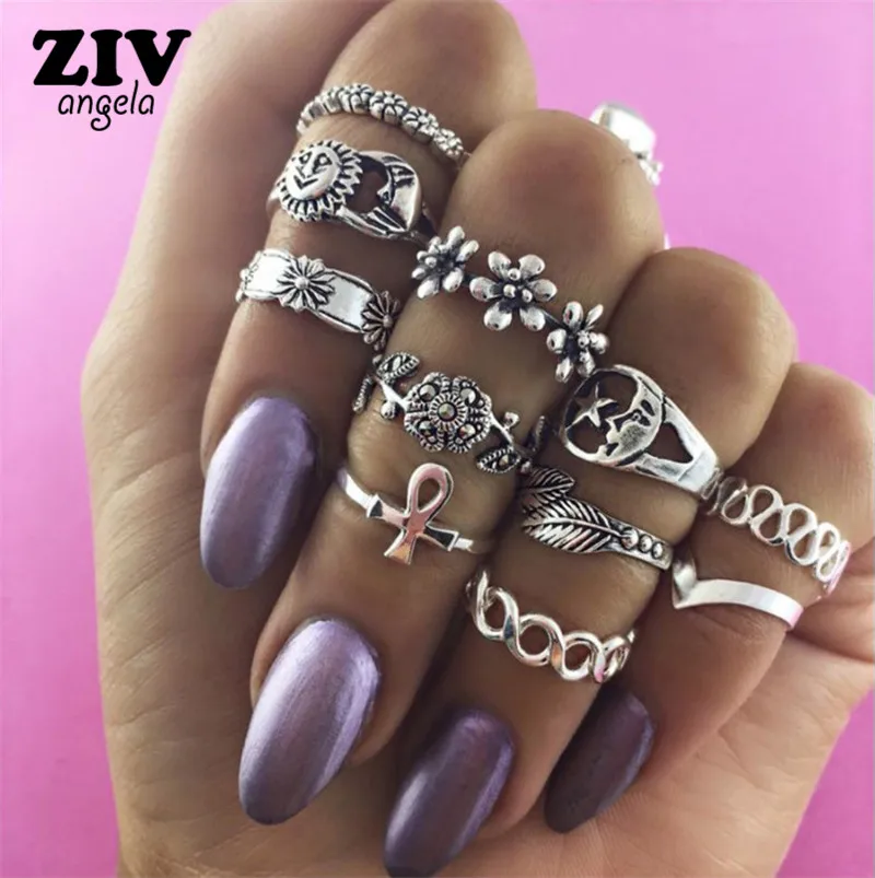 

Luxury 11 Pcs/Sets Midi Stars Moon Rings For Women Vintage Jewelry Fashion Ancient Silver Bohemia Flowers Finger Joint Ring