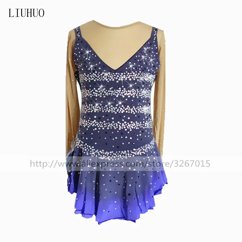 

Figure Skating Dress Women's Girls' Ice Skating Dress Grey long sleeved style Striped pattern water drill decoration Handmade