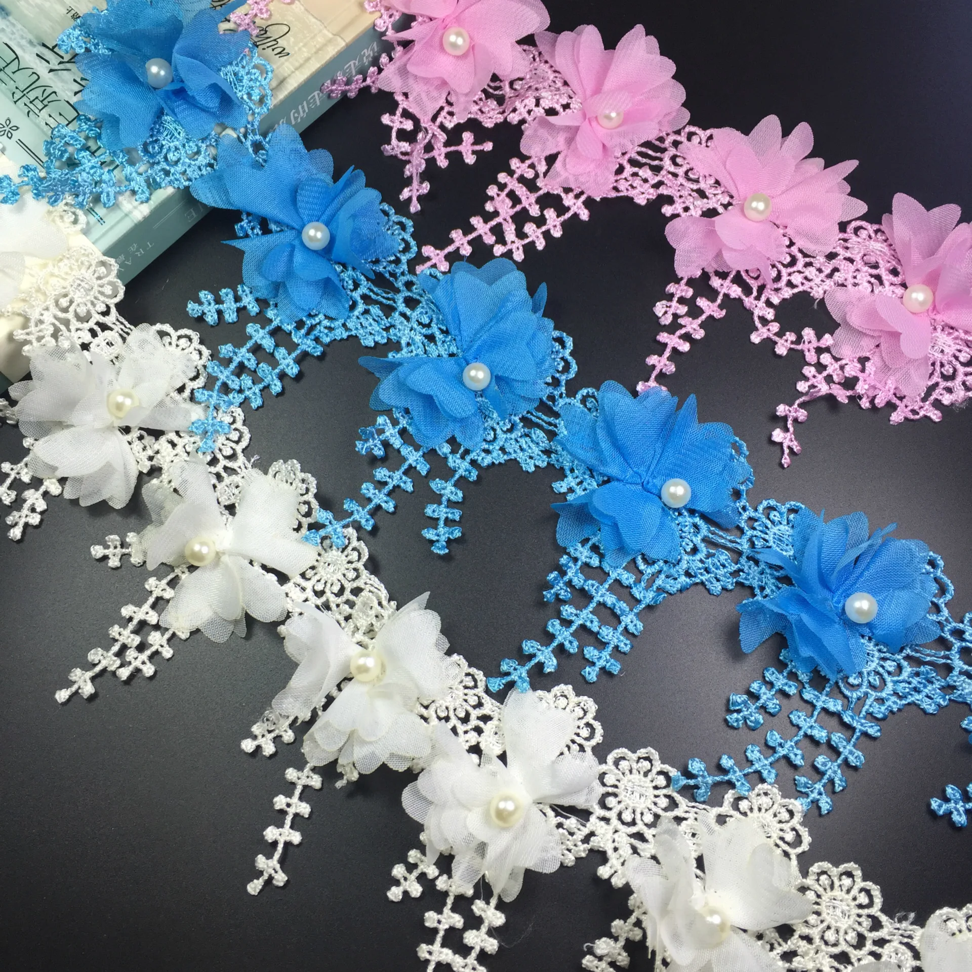 

5 Yards/lot Colorful Chiffon Polyester Flower Beaded Lace Ribbon Trims Dress DIY Sewing Garment Handmade Materials 7cm Wide