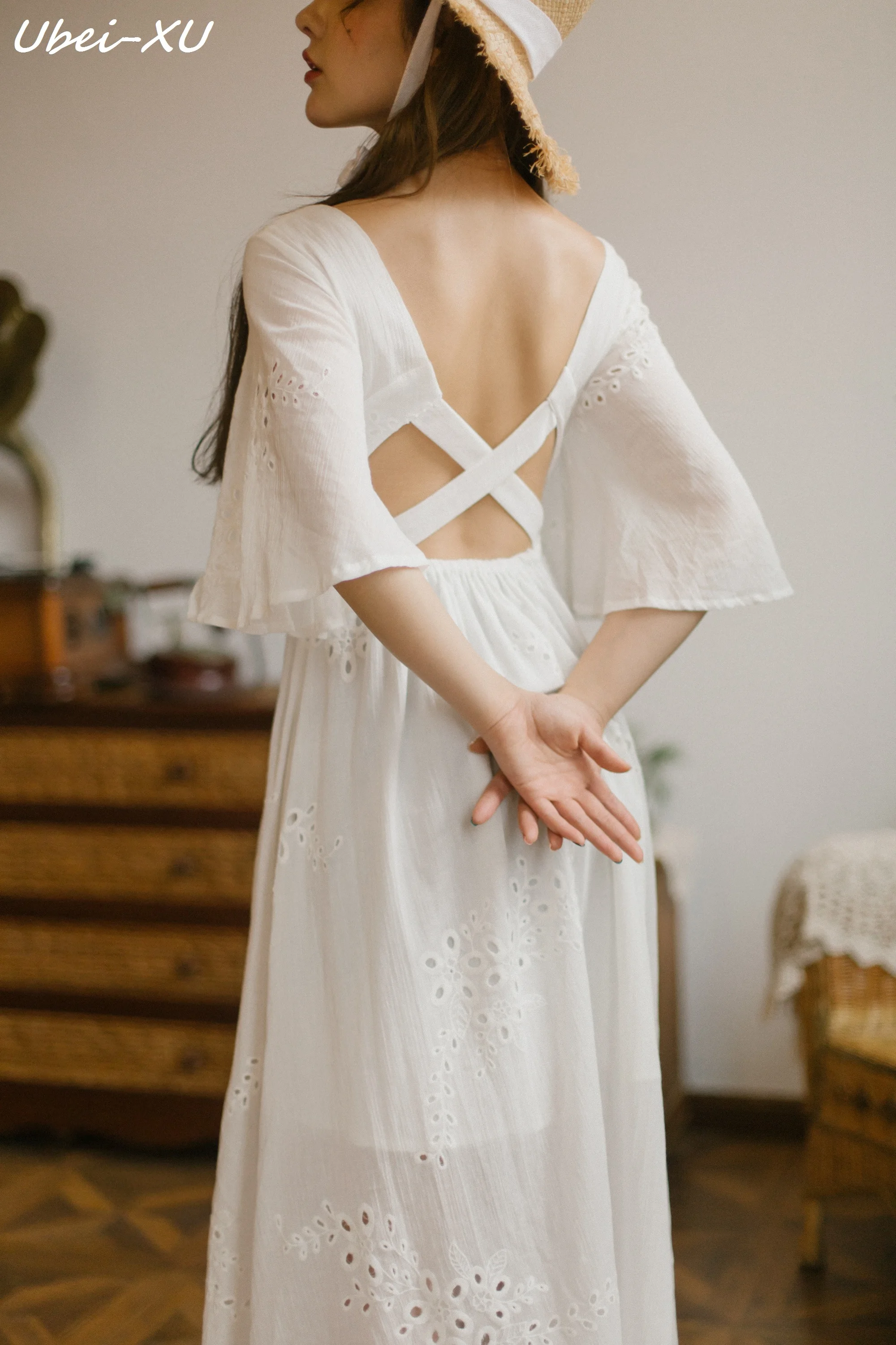 

Ubei Retro backless high waist super fairy dress summer resort beach slim dress fashion white long holiday women dress