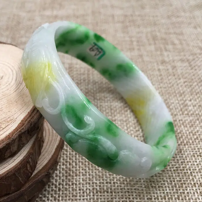 

A-09 Beautiful Hand-carved Emerald Green Jadeite Jade Gems Bracelet Bangle 61mm