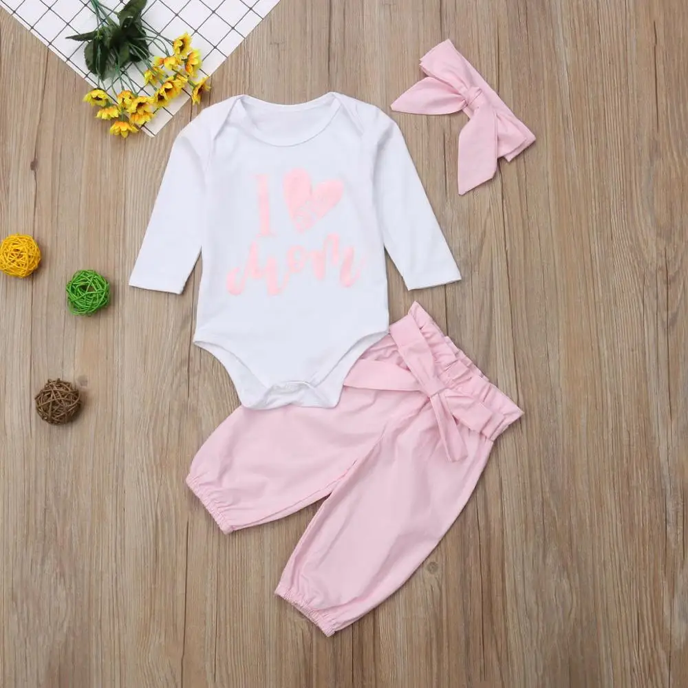 

3pcs Infant Newborn Baby Girl I Love Mom Outfits Letter Print Long Sleeve Romper Tops Bow Pants Clothes Set