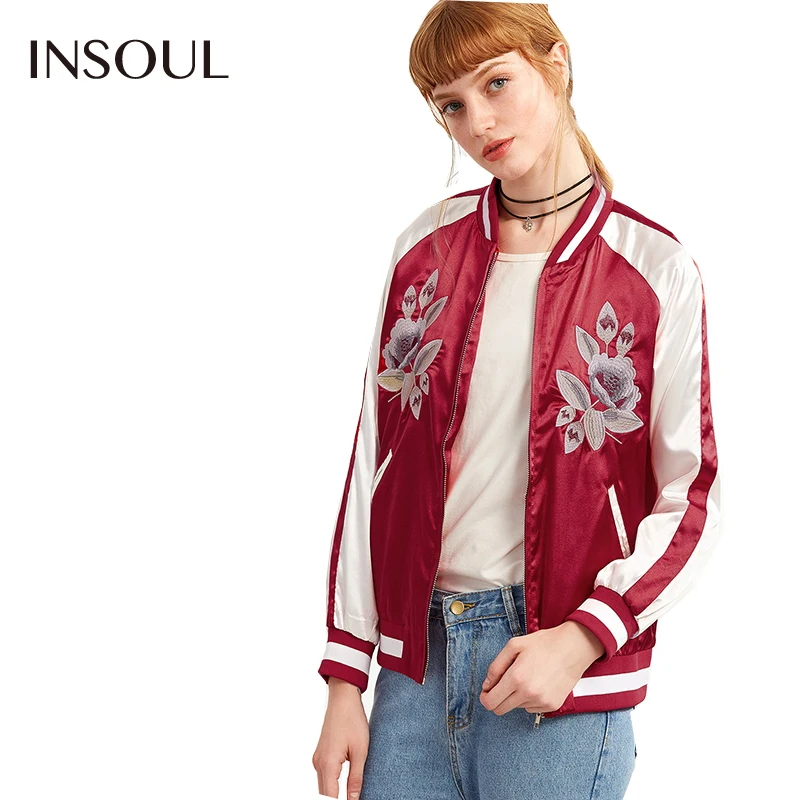 INSOUL 2017 Apparel Women Jacket Red Casual Flower Embroidery Bomber Female Streetwear Soft Chic Basic For Ladies | Женская одежда