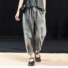 Летние женские джинсы в стиле ретро с эластичной резинкой на талии, повседневные джинсовые штаны, новые женские свободные винтажные брюки с вышивкой и карманами