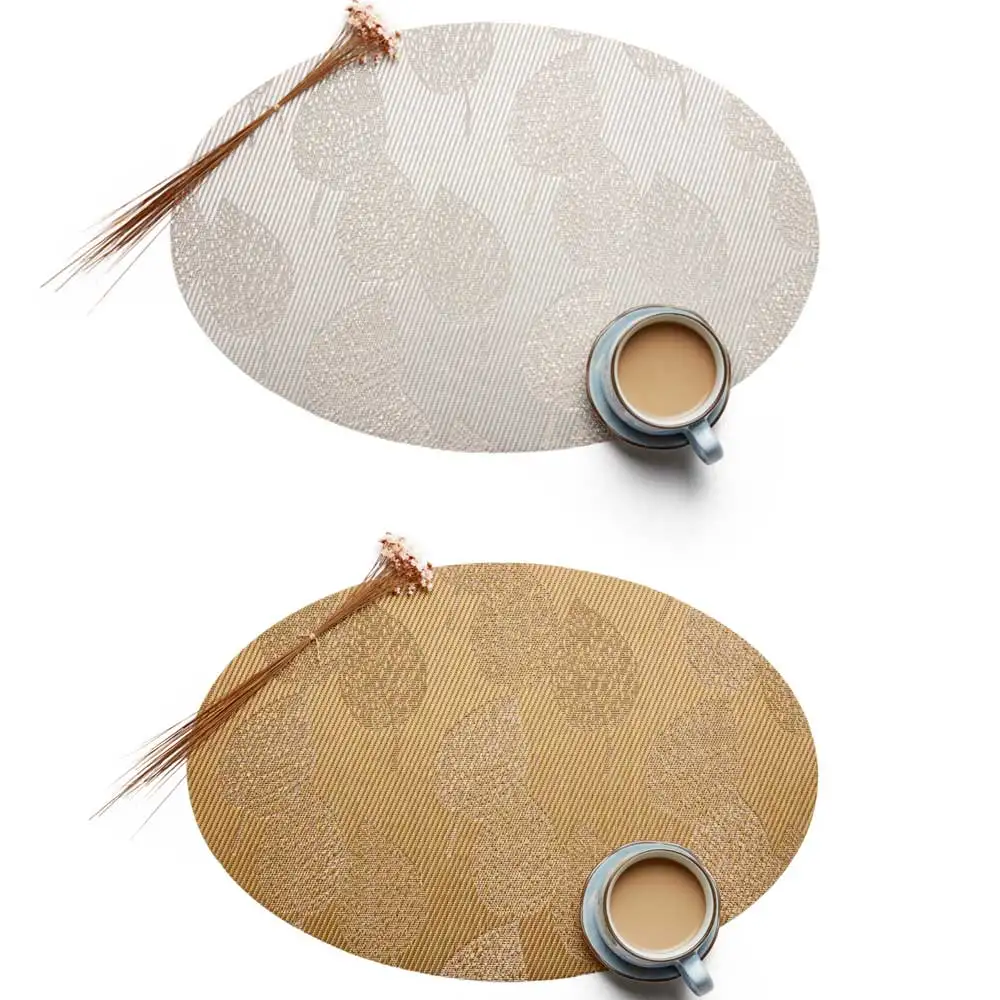 

Custom Made Print LOGO 45x30cm Gold Silver Leaves Pattern Plastic Tableware Placemat Heat Insulation Non-Slip Oval Table Mat