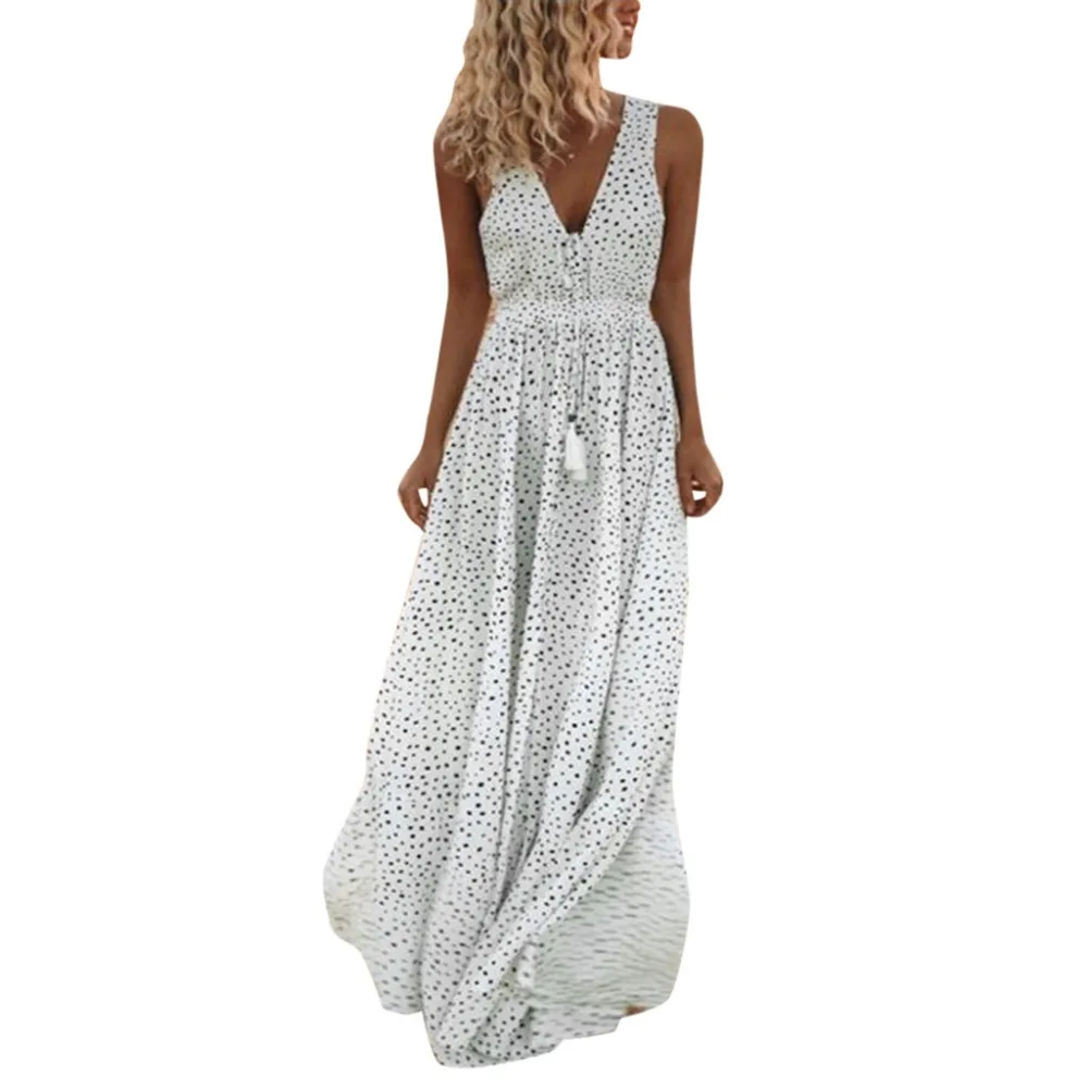 

Women Dress Women Summer Sleeveless Dot Print Tassels Deep V Neck Long Beach Maxi Dress#30