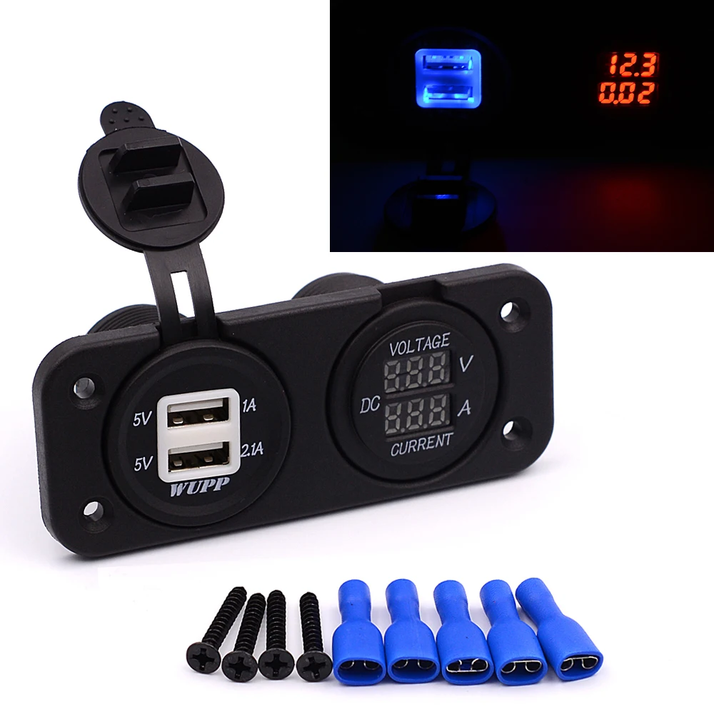 

3 IN 1 LED Car Charger Motorcycle Plug 5V 4.2A Dual USB Adaptor Power Socket+Digital Voltmeter+DC Ammeter Monitor Current Amp M