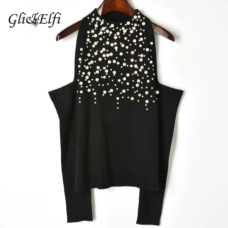 

Women Pearl Bead Sweater Korean Slim Thin Knit Pullover 2019 Spring Winter Strapless Shoulder Sexy Lady Thick Black Knitted Tops