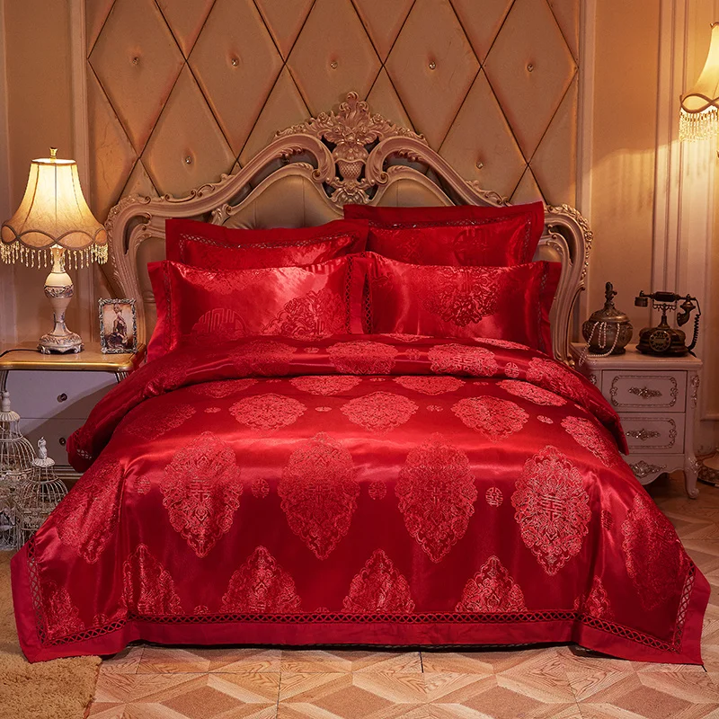 Queen King Size Bedding Set Red Grey Satin Jacquard Bed Sets Cotton Bed Fitted Sheet Duvet Cover Ropa De Cama Linge De Lit Bedding Sets Aliexpress