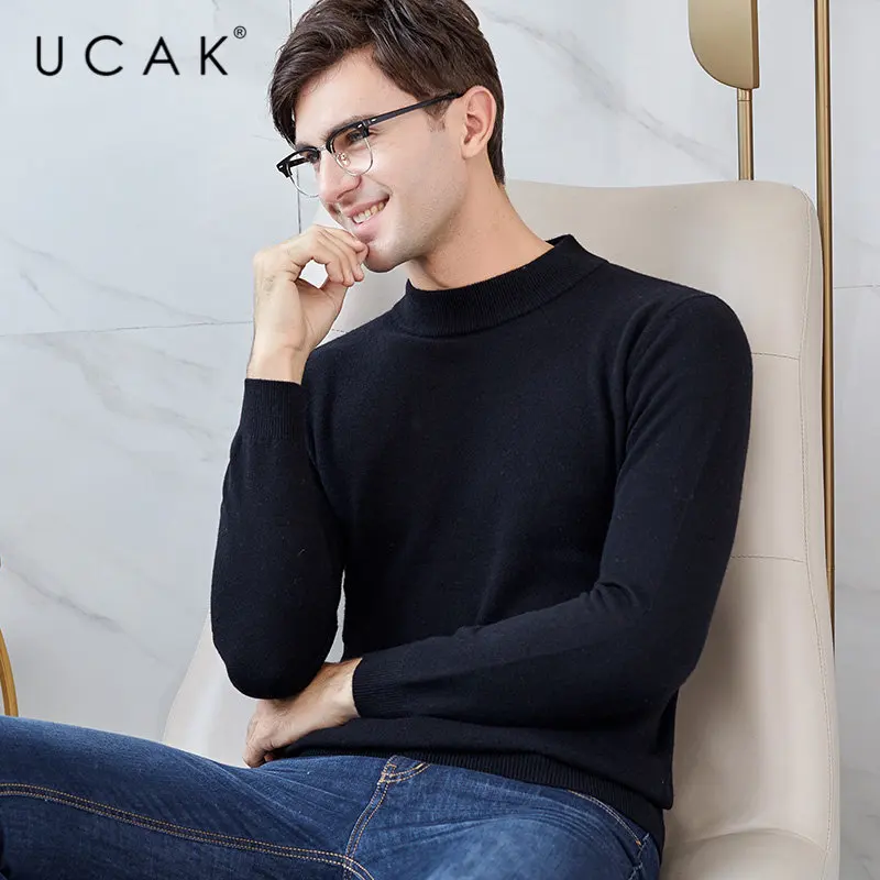 UCAK Brand Sweater Men Thick Warm Turtleneck Pull Homme Pure Merino Wool Pullover Men Autumn Winter Soft Cashmere Sweaters U3013