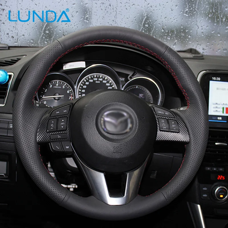 

LUNDA Black Leather Hand-stitched Car Steering Wheel Cover for Mazda CX-5 CX5 Atenza 2014 New Mazda 3 CX-3 2016