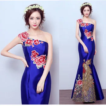 modern traditional chinese style gowns wedding dress long mermaid red qipao cheongsam blue for women plus size 2017