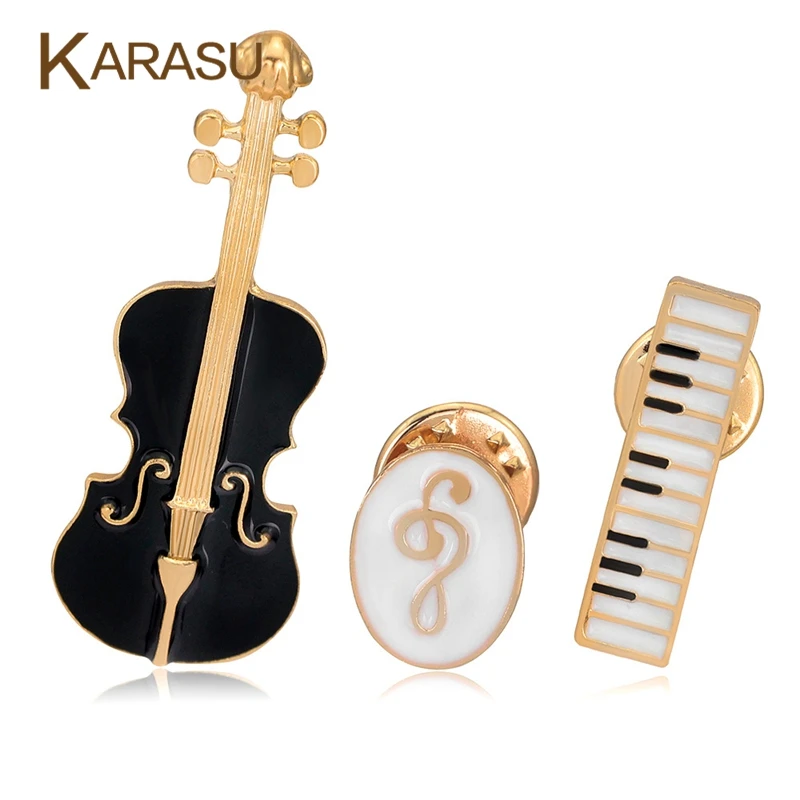 3Pcs Set Luxury Gold Plated Brooches For Women Black Violin White Piano Note Brooch Pins Fashion