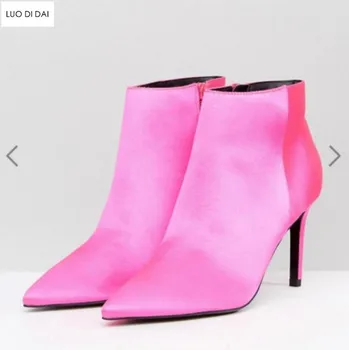 

2019 spring fashion women hot pink boots thin heel boots women ankle booties pink silk boots ladies dress shoes point toe