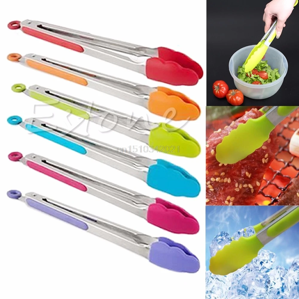 1pc Silicone Kitchen Cooking font b Salad b font Serving BBQ Tongs Stainless Steel Handle Utensil