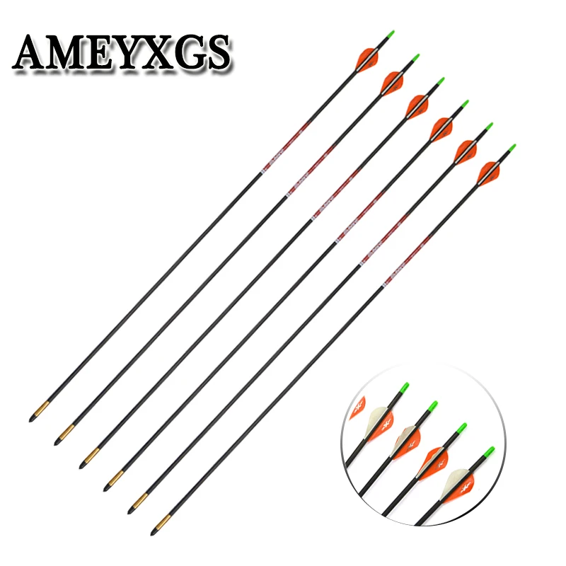 

6/12pcs Spine 400 Pure Carbon Arrow Orange white Rubber feather Archery ID 4.2mm Hunting Compound Bow Shooting Accessories