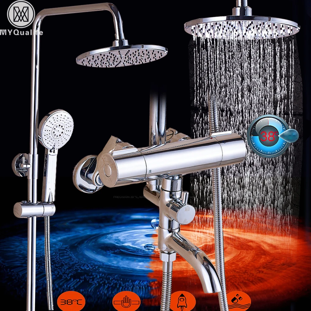 

Bright Chrome Shower Faucet Set Thermostatic Shower Mixer Valve Dual Handle Constant Temperature Shower Mixers with Handshower