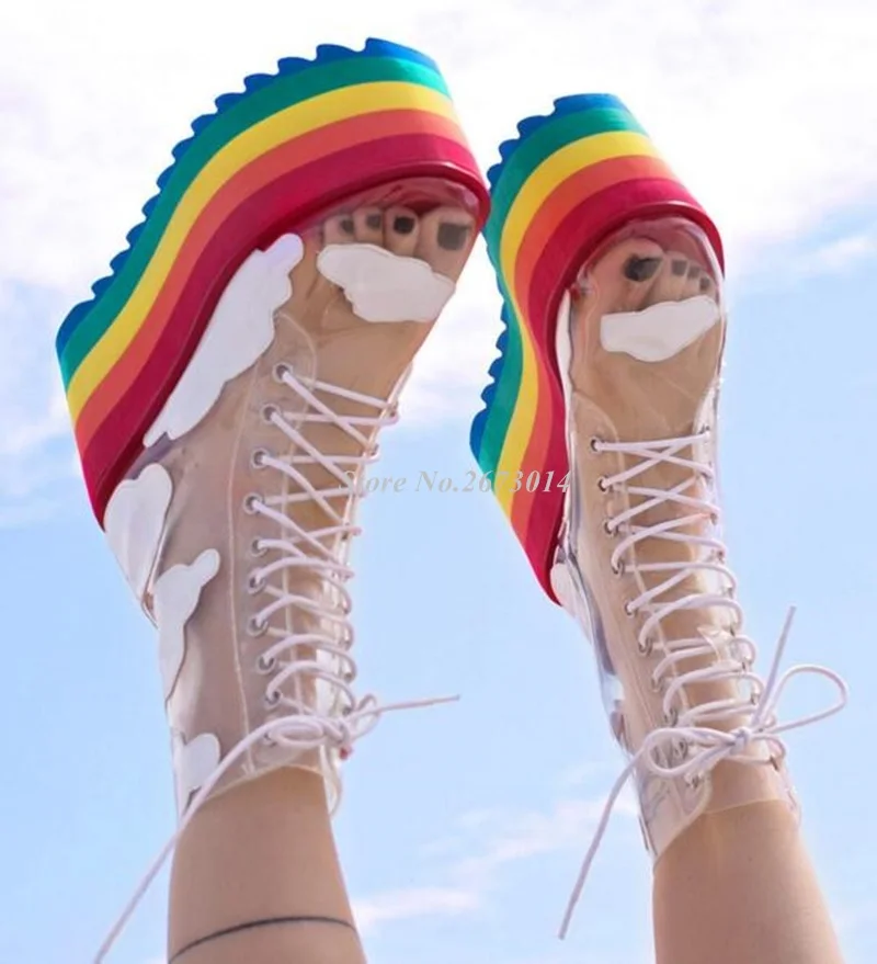 

Newest Rainbow Candy Colors Thick Platform Socks Boots Shoes Clear PVC Transparent Lace-up Cloud Stars Height Increasing Shoes