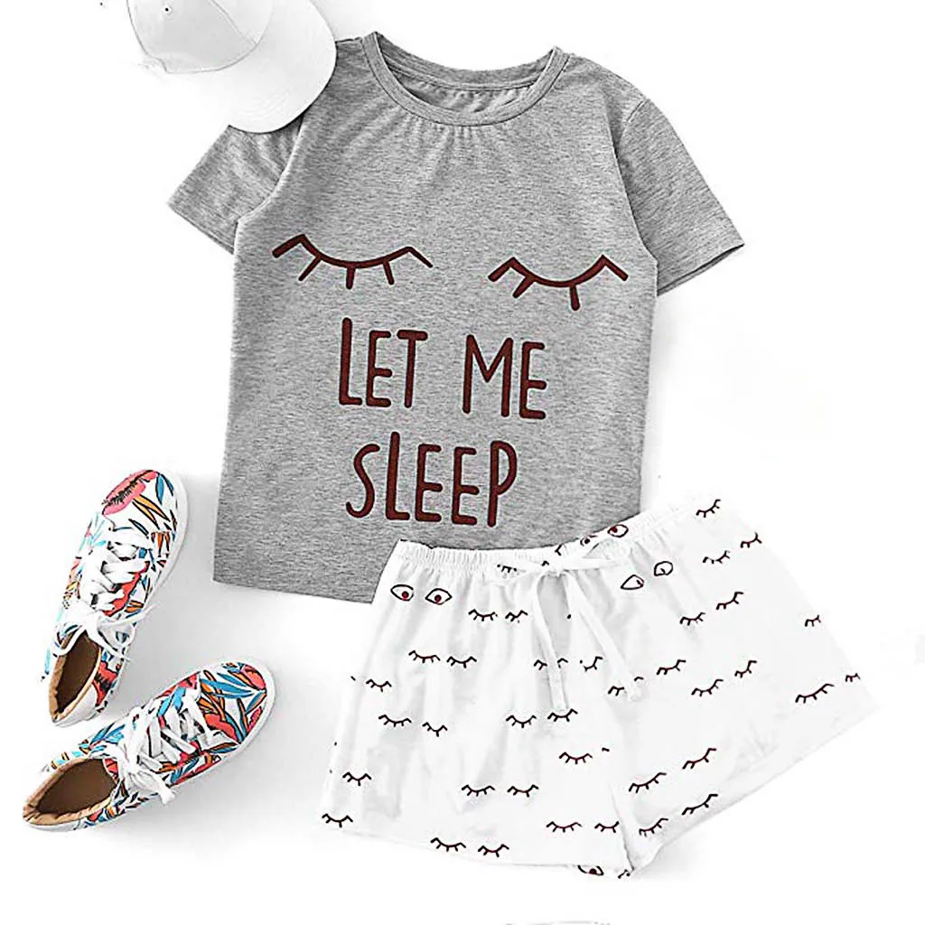 2 Piece Cute Set Women's Casual Shorts Short Sleeve Ruffled T-Shirt Casaul Sleepwear Nightwear Set With Cat Smile Print