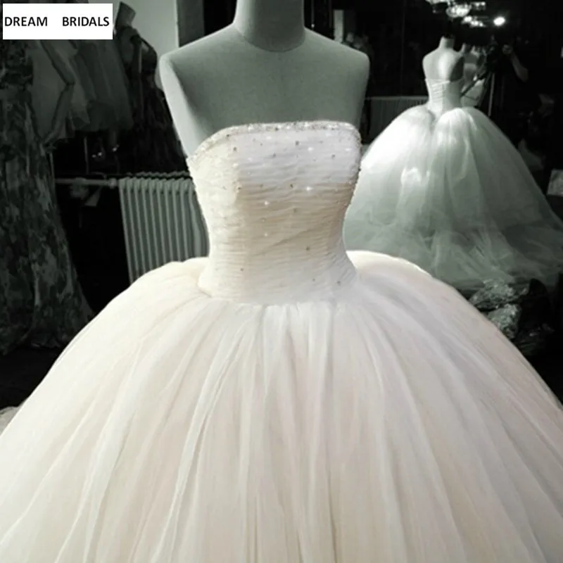 Real Photo Strapless Bridal Gowns Ball Gown Wedding Dresses Court Train 2019 Beading Sequined Pleat Vestido De Noiva (2)
