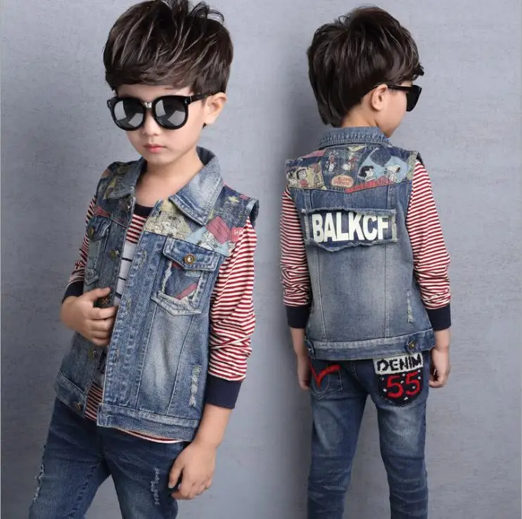 Boy Denim Vest Spring Autumn Broken Hole Style Kids Boy Waistcoat Kids Boy Clothes Baby Jeans Jacket For 3-13years Outerwear