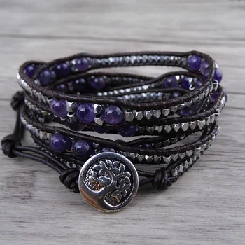 

5 wraps beads bracelet leather wraps beads purple beads bracelet naturalstone bracelet yoga jewelry bohemain