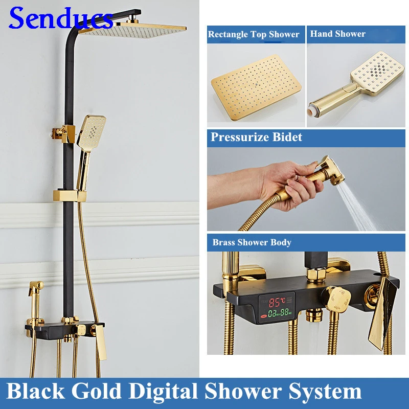 A4-hot-cold-shower Senducs Термостатический душ Качество Латунный смеситель для душа роскошный черный золотой цифровая для душевой набор дождевая Душевая насадка распрыскиватель - Цвет: A4-hot-cold-shower