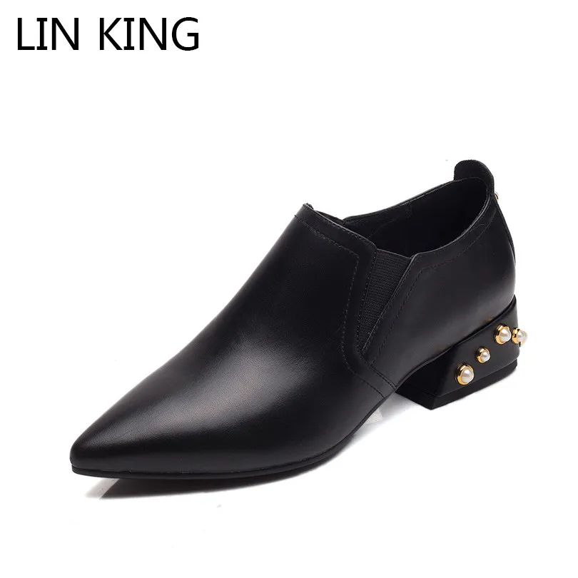 

LIN KING New Designer Pointed Toe Women Pumps Fashion Rivets Low Top High Heel Shoes Solid Thick Heel Female Party Wedding Shoes