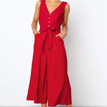 

2019 Summer Female Sexy Jumpsuit V-Neck Solid Bandage Loose Playsuits Women Sleeveless Flare Bodysuits
