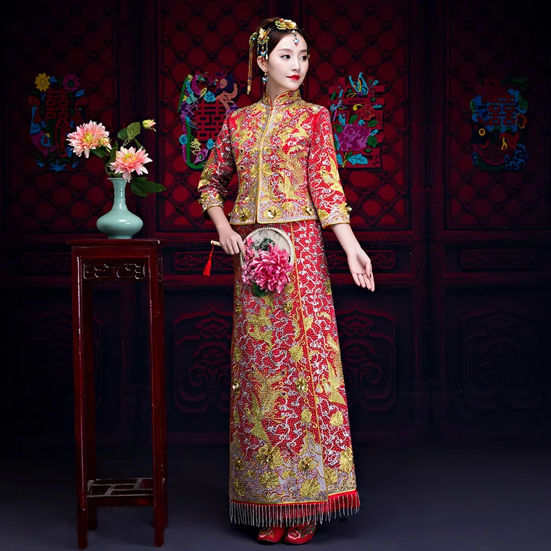 

Women New Rhinestone Cheongsam Elegant Evening Gowns Chinese Style Bride Wedding Dress Phoenix Qipao Retro Ancient Marriage Suit