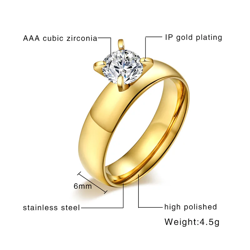 Meaeguet Classic Solid Gold-color Stainless Steel Prong Setting Cubic Zirconia Wedding Rings For Women Wedding Bands USA Size