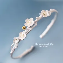 Реальные 925 Серебряный браслет позолоченный браслет серебряные ювелирные изделия браслет 3D Plum цветок ветви ювелирные изделия оптом