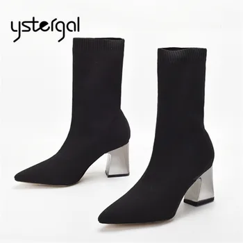 

Ystergal Women Elastic Sock Boots Pointed Toe Ladies Short Booties Fashion Stretch Fabric Botas Mujer 7CM Chunky High Heels