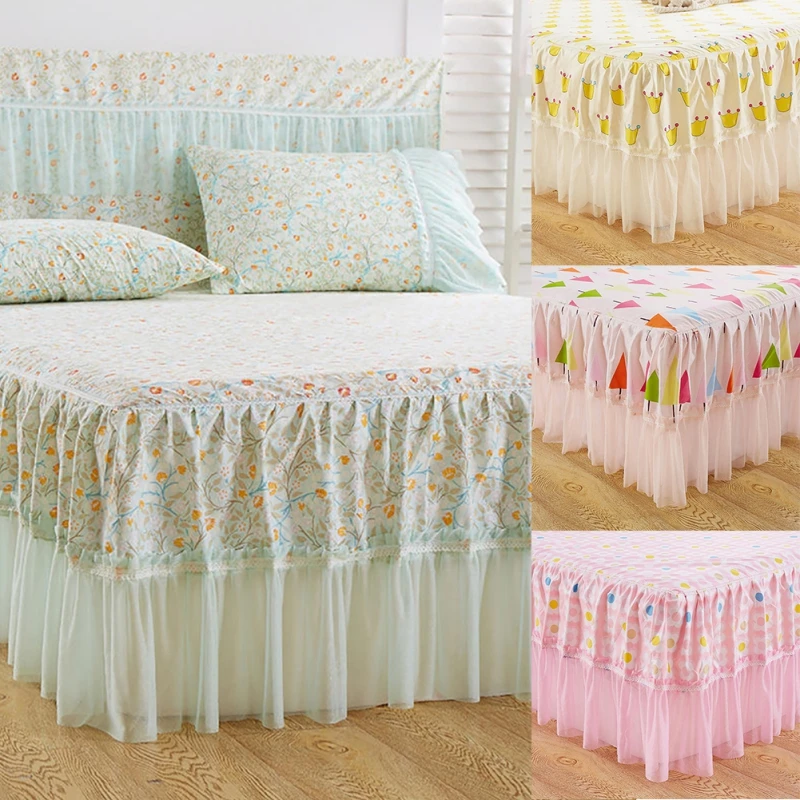 

Princess Lace Bed Skirt for Nursery Kids Room Printed Sweet Bed Cover Crown Dot Tree Bedding Girl Bed Sheet and Pillowcase Set