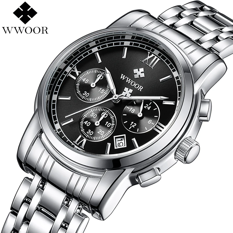 

WWOOR Top Brand Luxury Mens Watches Waterproof Stainless Steel Sport Men Quartz Wrist Watch Male Silver Clock Relogio Masculino