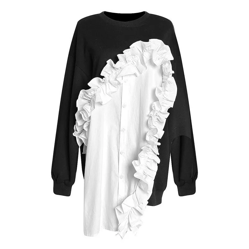 

[EWQ]2019 Spring Summer Round collar Long Sleeve Hit Color Ruffles Split Joint Loose Sweatshirt Women Fashion Tide JL052