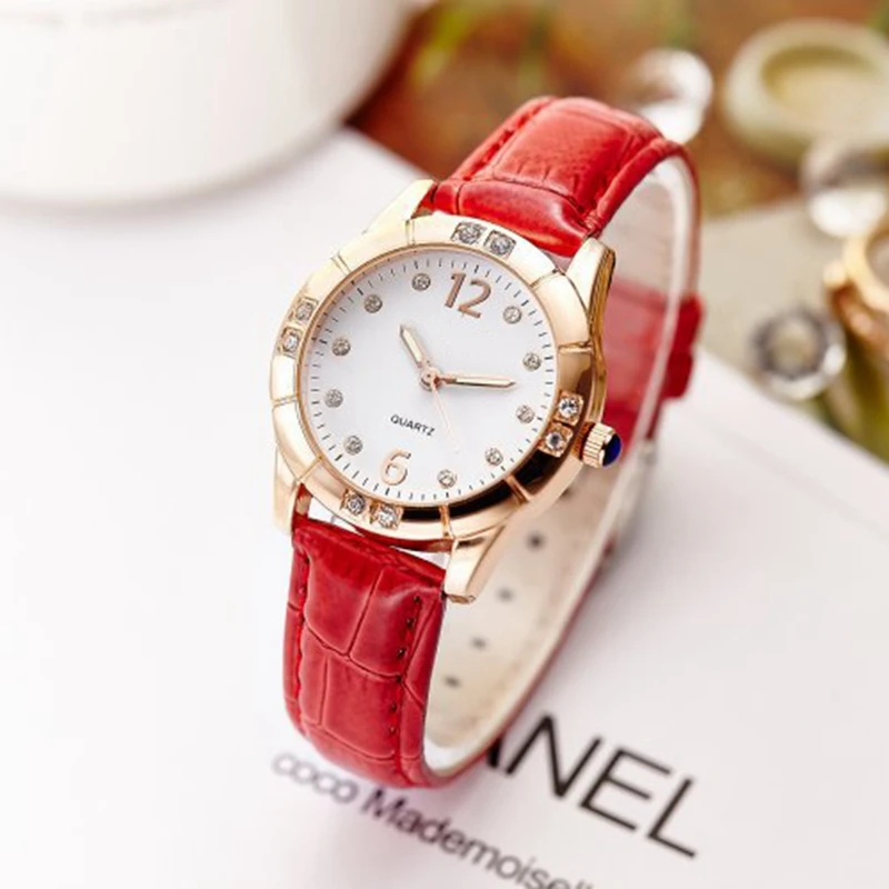Goedkoop Merk Luxe Horloges Rood Lederen Rose Goud Casual Quartz Horloge Dames Diamonds Klok Vrouwen Jurk Horloge Relogio Feminino