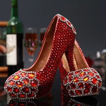 Neue Ankunft 2016 Red Strass Frauen Hochzeit Schuhe Diamant Braut Plattform High Heels Luxus Handgemachte Bling Pumpen