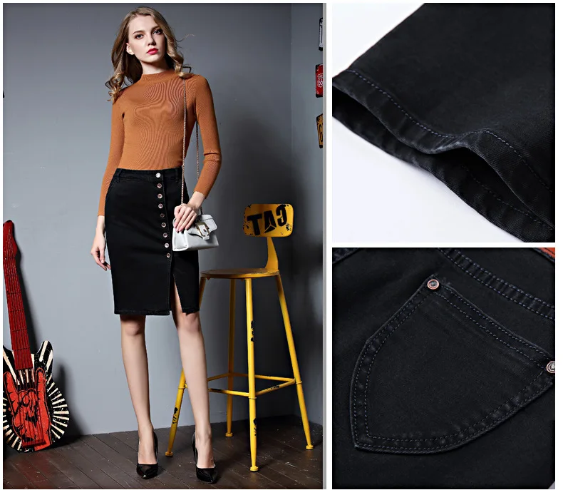 Черная джинсовая юбка женская плюс размер миди юбка-карандаш Женская s юбка с высокой талией офисная раздельная Сексуальная юбка женское до колена
