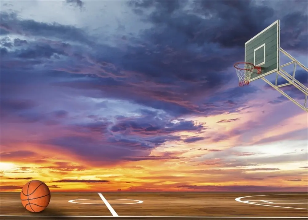 

Basketball Court Backdrop Basketball Hoop Colorful Sky Creative Sports Backdrops for Photography Shabby Wood Floor