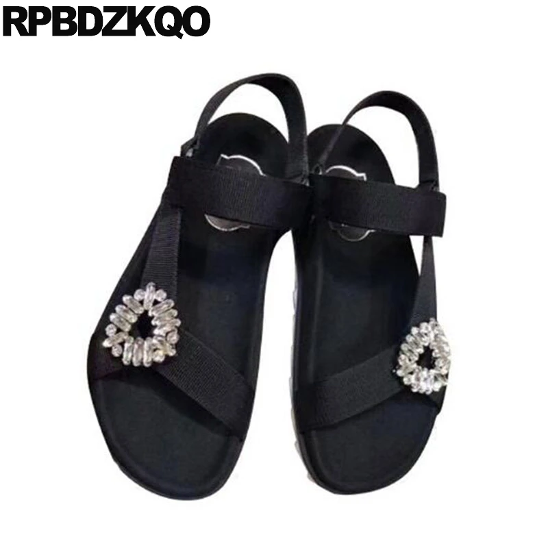 

Soft Rhinestone Crystal Flat Wide Fit Casual Shoes Black Green Strap Summer Diamond Slingback Designer Sandals Women Luxury 2017