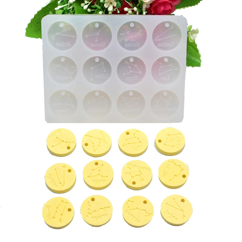 

12 Constellations Round Tags Silicone Mold Aromatherapy Wax Tablet Chocolate Mould For Car Pendant Gypsum Plaster Molds