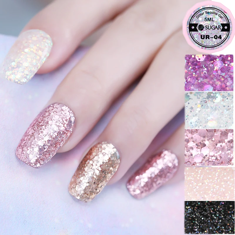 

UR SUGAR 5ml Holographic Glitter Sequins Nail Gel Polish Shiny Gel Varnish Rose Gold Soak Off UV Gel Polish Nail Art Lacquer