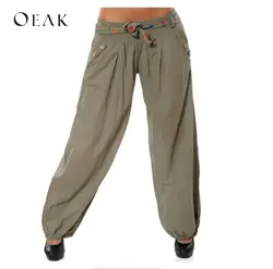 OEAK повседневное свободные штаны для женщин Plsu размеры Длинные брюки для девочек твердые брюки с низкой талией женский pantalon mujer